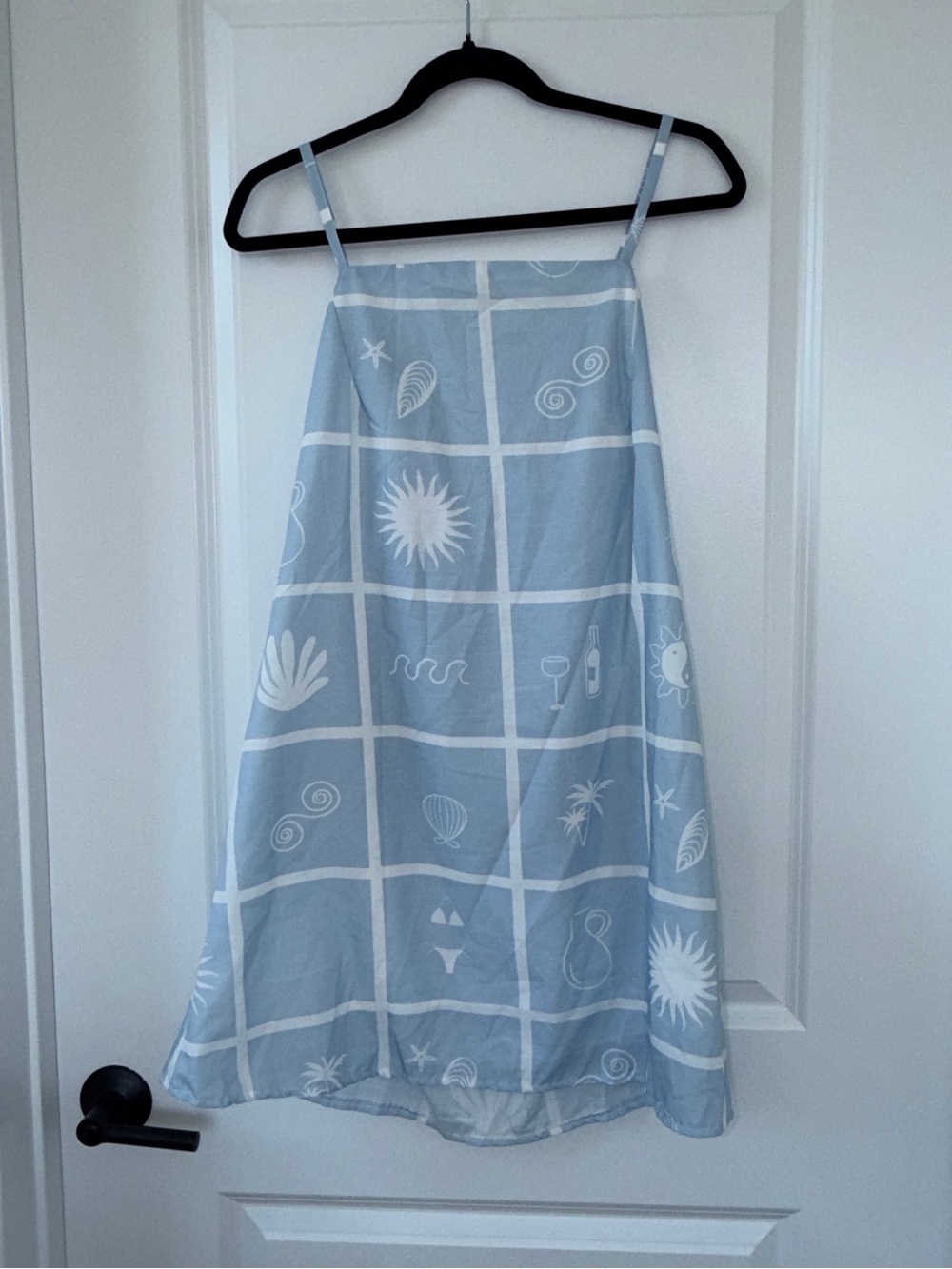 Blue Boho Coastal Print Mini Dress Spaghetti Strap Y2K Beach Sundress